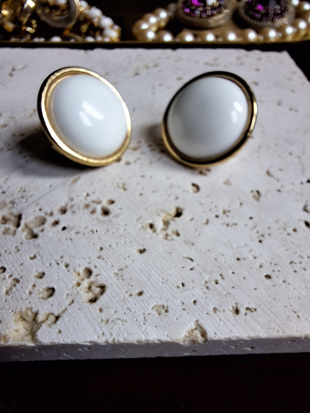 Trifari Vintage Classic Gold-Trim White Dome Stud Earrings - Picture 6 of 6